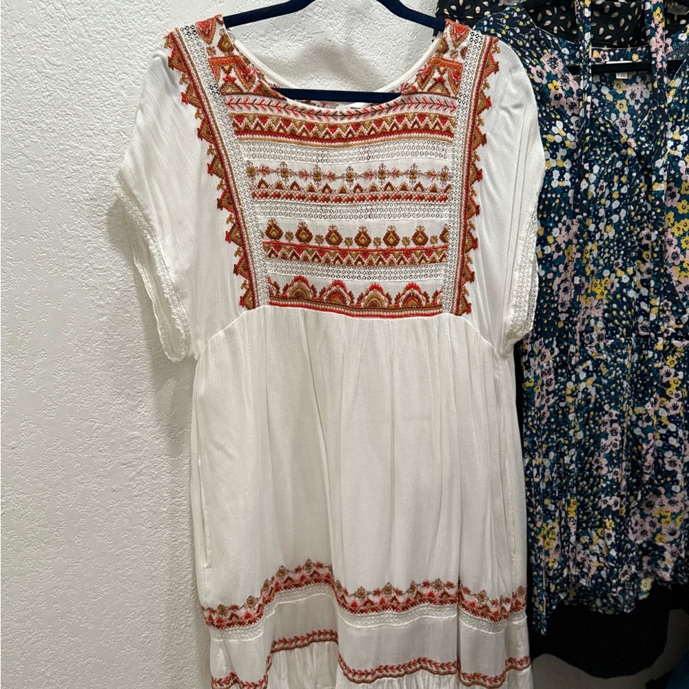 Free People White and Red Embroidered Dress